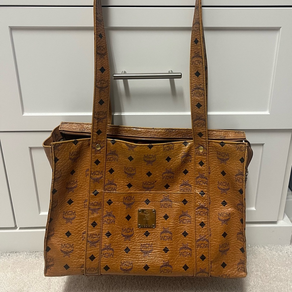 MCM Shopper Tan Logo Pattern Tote
